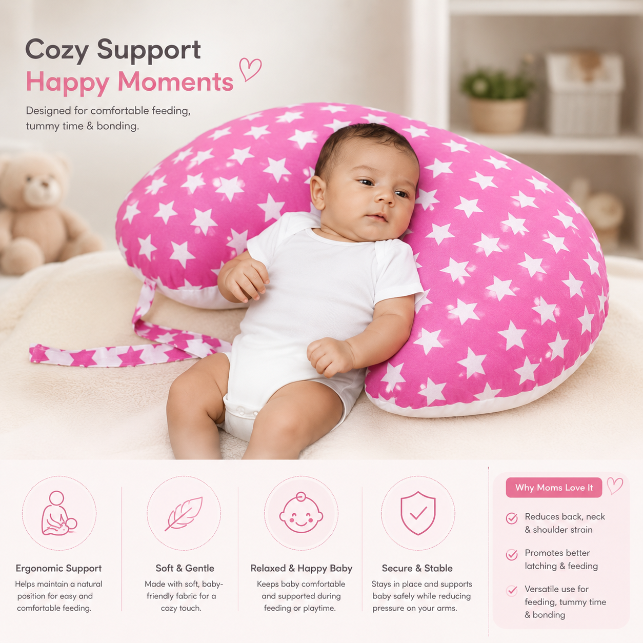 Feeding Pillow Nursing for New Born Baby with Adjustable Strap buckle & Removable Cover